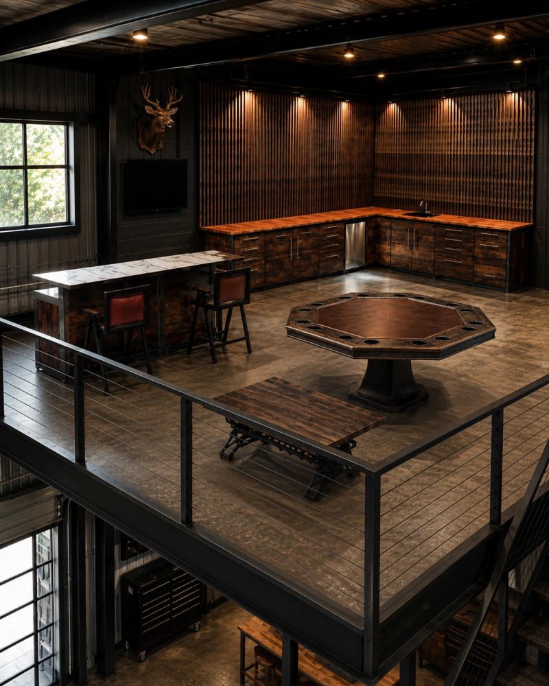 Industrial-style game room with wooden furniture and dark tones.