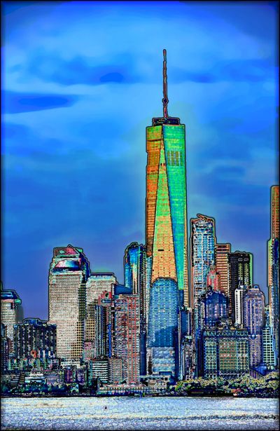 Roberta Schofield's digitally altered photograph titled "Manhattan Island" 52" x 80", ink on canvas