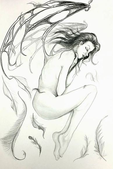 A delicate, winged female figure curled up with feathers around her in a pencil sketch.