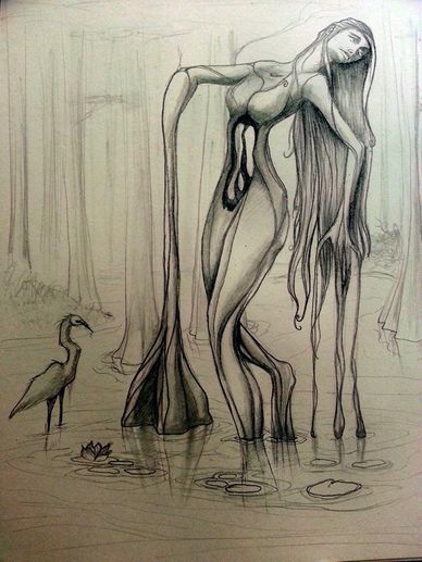Surreal drawing of a tall, elongated woman with flowing hair standing in water near a bird.