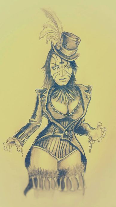 Pencil sketch of a mysterious woman in a feathered hat and corset with tribal face paint.