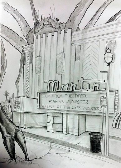 Pencil sketch of a giant crab monster attacking a theater named Martin.