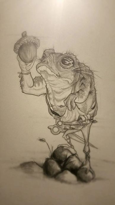 Detailed pencil drawing of a toad holding an acorn with rocks and plants at its feet.