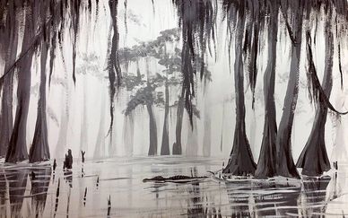 Monochrome swamp scene with cypress trees and an alligator in the water.