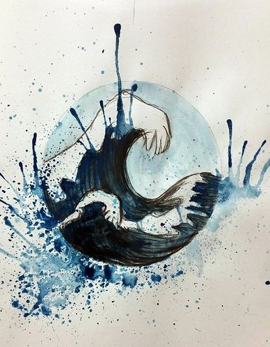 Abstract watercolor painting of a yin-yang symbol with blue splashes and bird-like shapes.