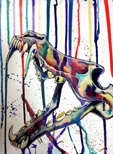 Colorful artistic painting of a roaring animal skull with dripping paint.