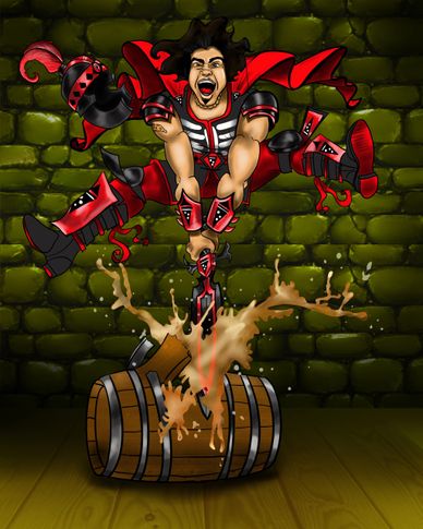 A knight in red and black armor enthusiastically breaks a wooden barrel with a sword.