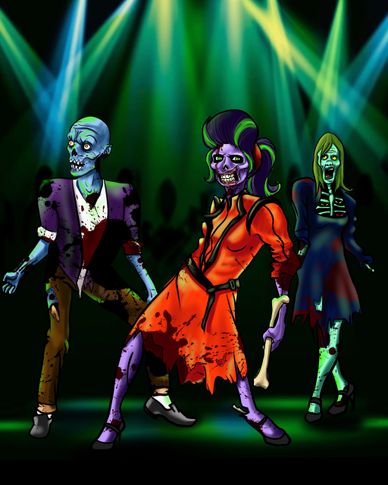 Three colorful zombies dancing under green and blue stage lights.