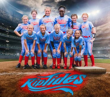 Youth girls softball team posing confidently on field.