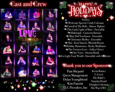 Collage of cast and crew photos with holiday greetings and scene list.