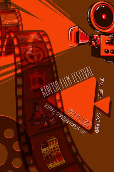 Illustration of a vintage film projector with film strips for the Redfish Film Festival.