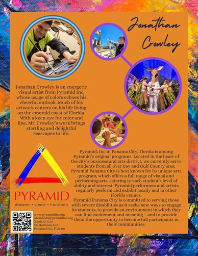 Colorful promotional poster for Jonathan Crowley, visual artist at Pyramid Inc, Panama City.