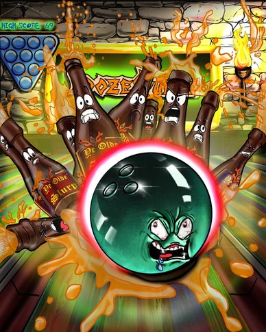 Angry bowling ball strikes fiery beer bottles in a cartoon bowling alley.