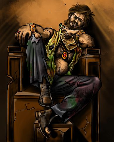 Disheveled man with jewelry and bottle sits on a worn throne, surrounded by flies.