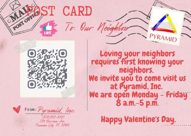 Valentine's Day postcard inviting neighbors to visit Pyramid, Inc. with QR code and business hours.