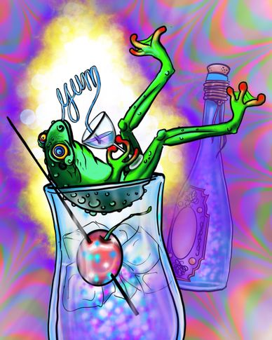 A cartoon frog enjoying a drink inside a glass with a colorful, psychedelic background.