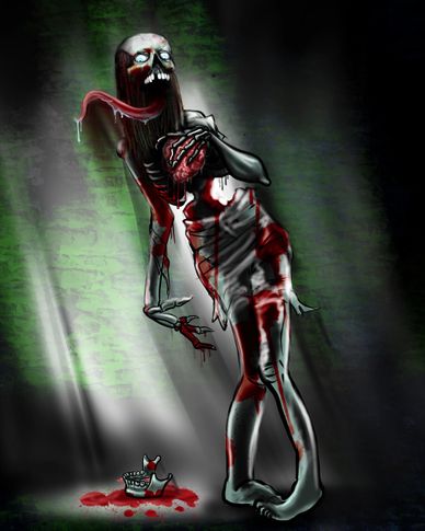 Horrifying skeletal figure with a bloodied heart and tongue, standing in eerie light.