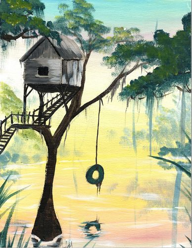 A treehouse with a tire swing over calm water at sunset.