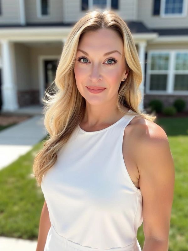 A smiling woman with blonde hair in a white sleeveless top outdoors.
