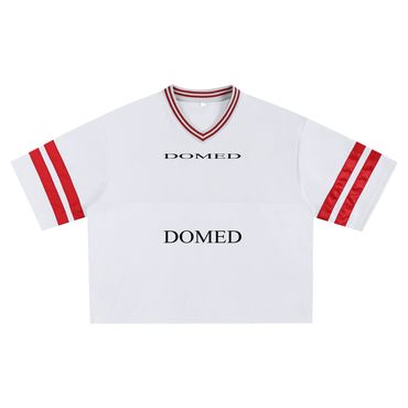 White sports jersey with red stripes and 'DOMED' text on front.