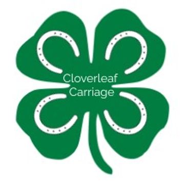 Green 4 leafed clover with a white horseshoe in each leaf and the words Cloverleaf Carriage in white