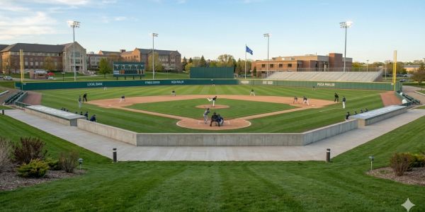 A baseball game is in progress at a well-maintained stadium during sunset.