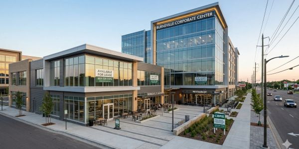 Modern commercial buildings with shops and offices under a clear sky.
