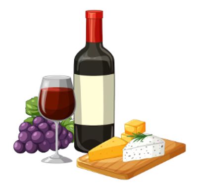Bottle of red wine with a glass, grapes, and cheese on a wooden board.