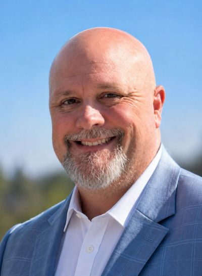 Smiling bald man with a gray beard wearing a light blue suit jacket and white shirt.