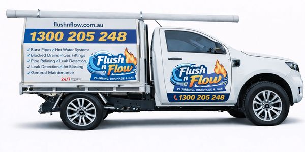 Flush n Flow plumbing service truck with contact details and services listed.