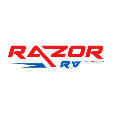 Logo of Razor RV Accessories featuring red, blue, and gray text with a speed streak.