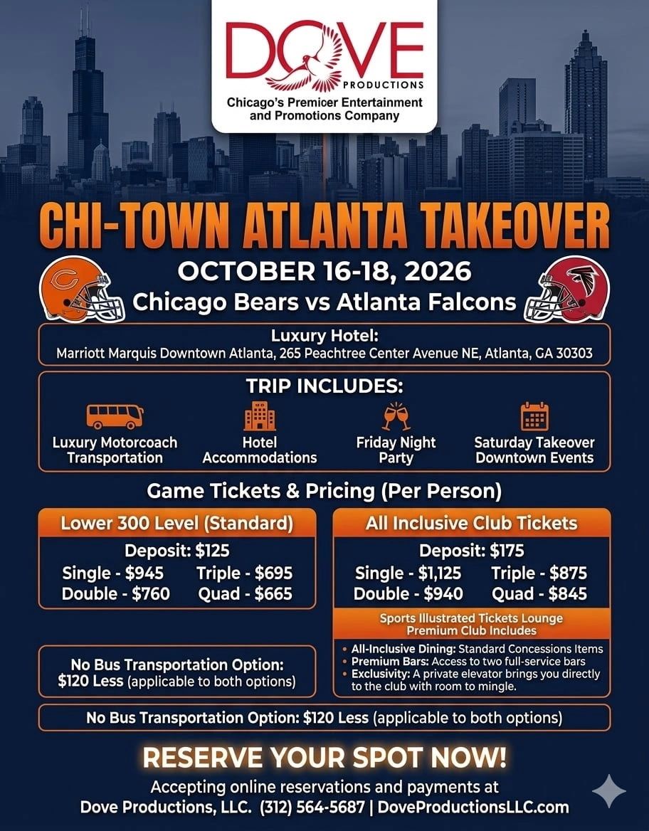 Chicago Bears vs Atlanta Falcons game trip with hotel and events in Atlanta, October 2026.