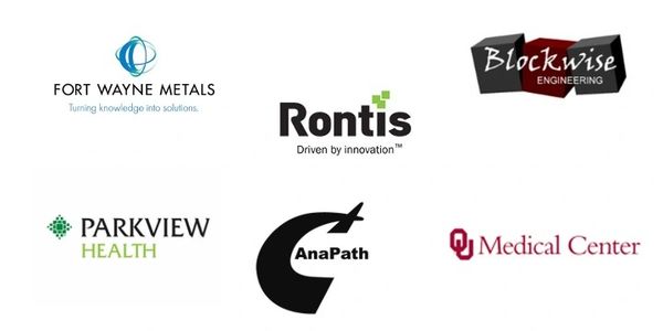 Logos of six companies in healthcare, engineering, and metals industries.