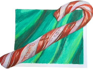 Color pencil drawing of candy cane on green velvet by Kuumba N. A. Stanley