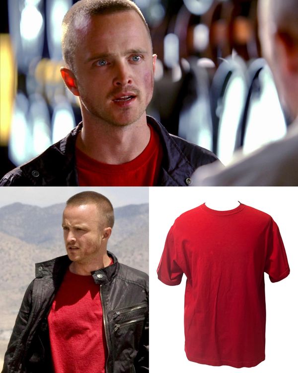 Actor wearing a red t-shirt and black jacket in two scenes.