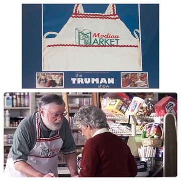 Apron with "Modica Market" and scene from The Truman Show.