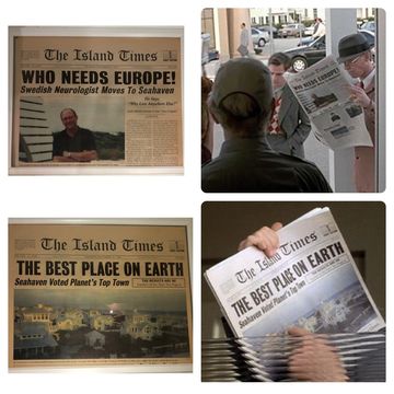Newspaper headlines praise Seahaven as the best place on earth.