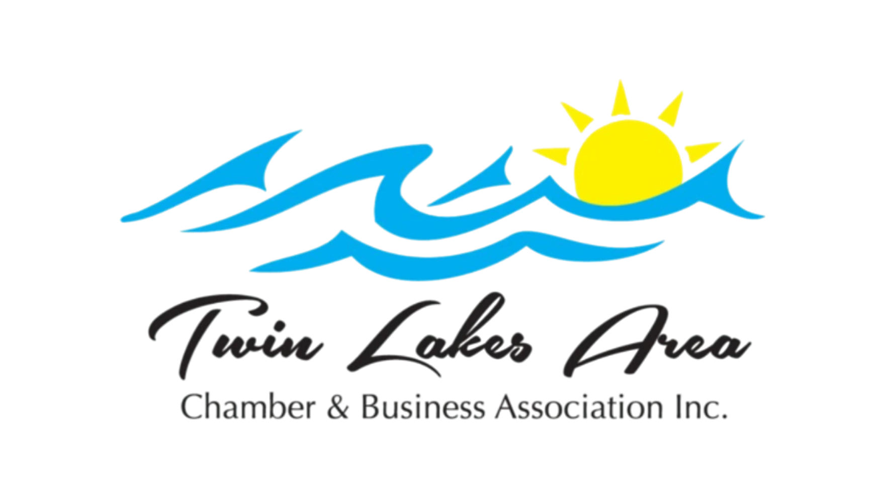 Logo of Twin Lakes Area Chamber & Business Association with sun and waves.
