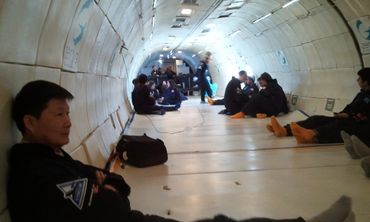 Everyone resting after all of the zero-g parabolic flights concluded.