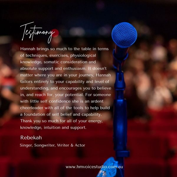 Blue microphone on stage with a testimonial about Hannah's support and expertise from Rebekah.