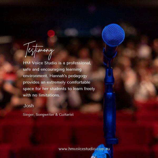 Blue microphone on stage with testimonial text from a singer-songwriter.