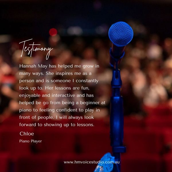A blue-lit microphone on stage with a testimonial text overlay.
