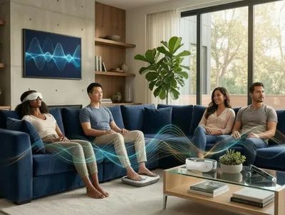 Four people relaxing with wellness devices in a cozy living room.