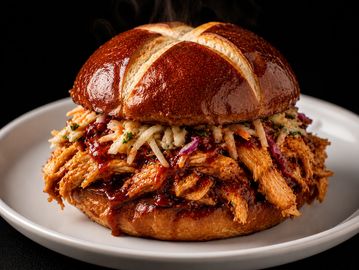 Close-up of a delicious pulled pork sandwich.