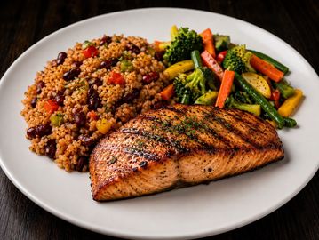 Grilled salmon with quinoa and mixed vegetables.