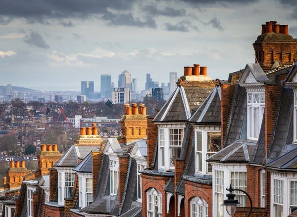 Row of classic brick townhouses with city skyline in the background under cloudy sky.