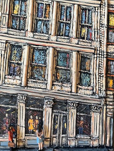"Window Shopping on Greene St., NYC" is an original mixed media and oil painting of NYC on board by 