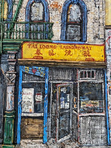 "Blue Arches, Lower East Side" is an original mixed media and oil paineting of NYC on board by Elean