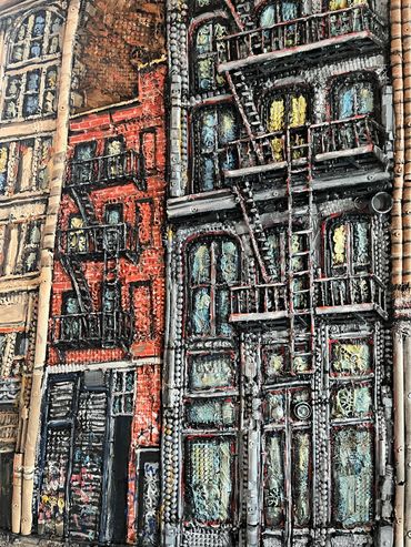 "Howard St., SoHo" is an original mixed media and oil paineting of NYC on board by Eleanor Voorhees.
