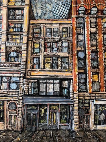 "Store for Rent, SoHo" is an original mixed media and oil paineting of NYC on board by Eleanor Voorh